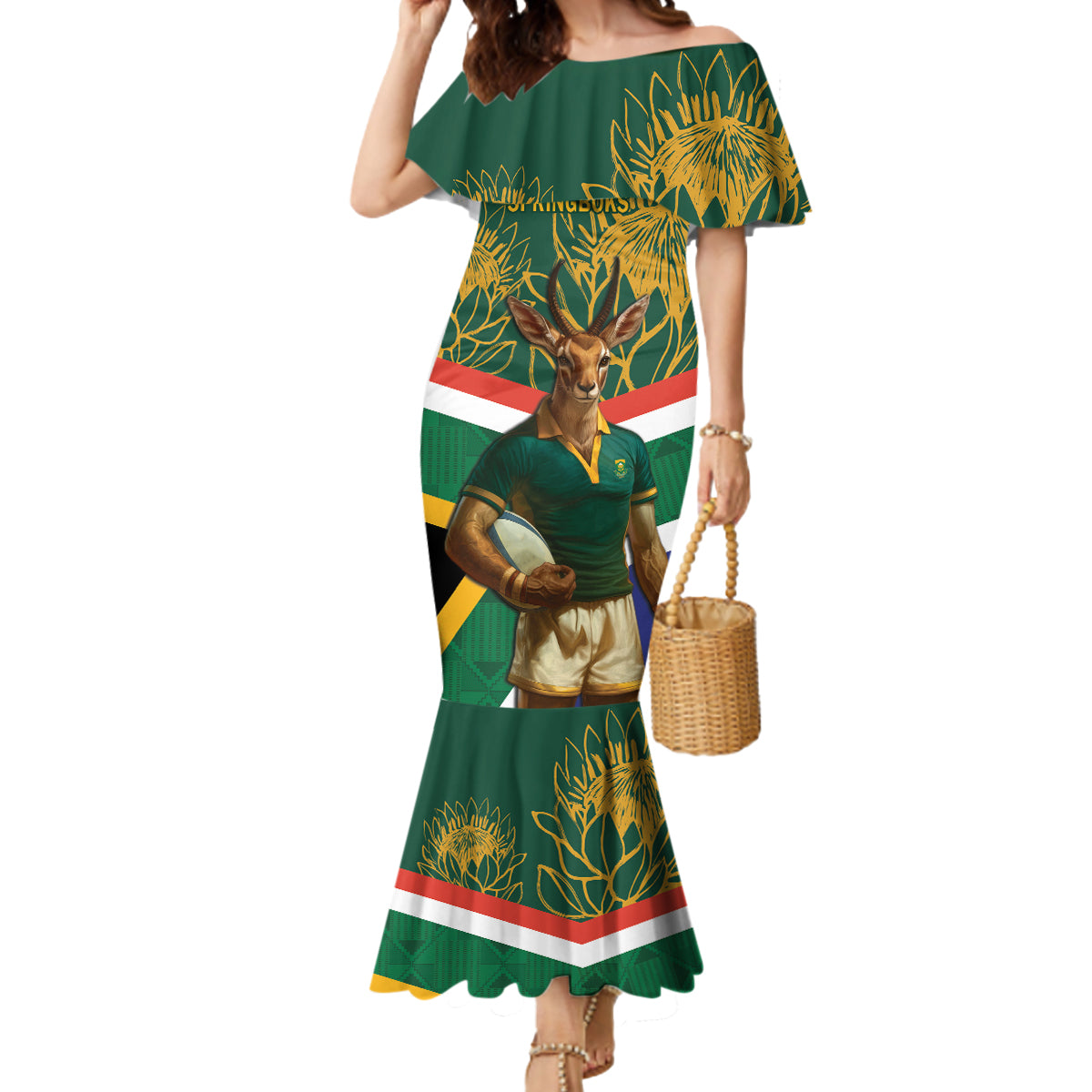 Custom South Africa Rugby Mermaid Dress 2024 Go Springboks Mascot African Pattern - Wonder Print Shop