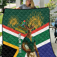 Green South Africa rugby quilt with Springboks text, mascot, and starburst striped design.