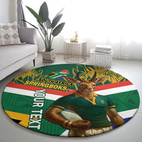 Round rugby rug featuring a Springboks antelope mascot, green jersey, and South Africa SPRINGBOKS graphic.