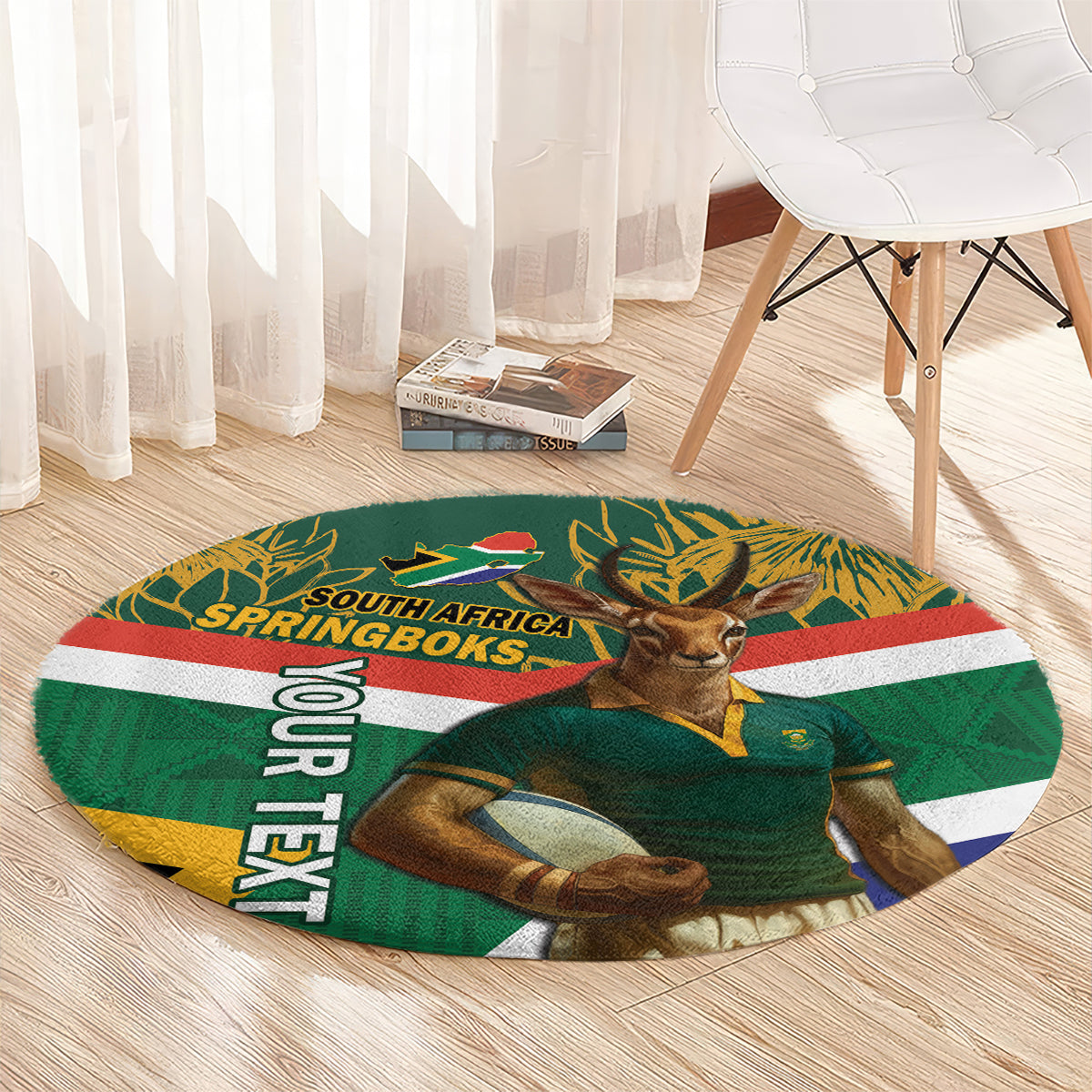Round rugby rug with green Springboks mascot, South Africa SPRINGBOKS text, and patterned background.