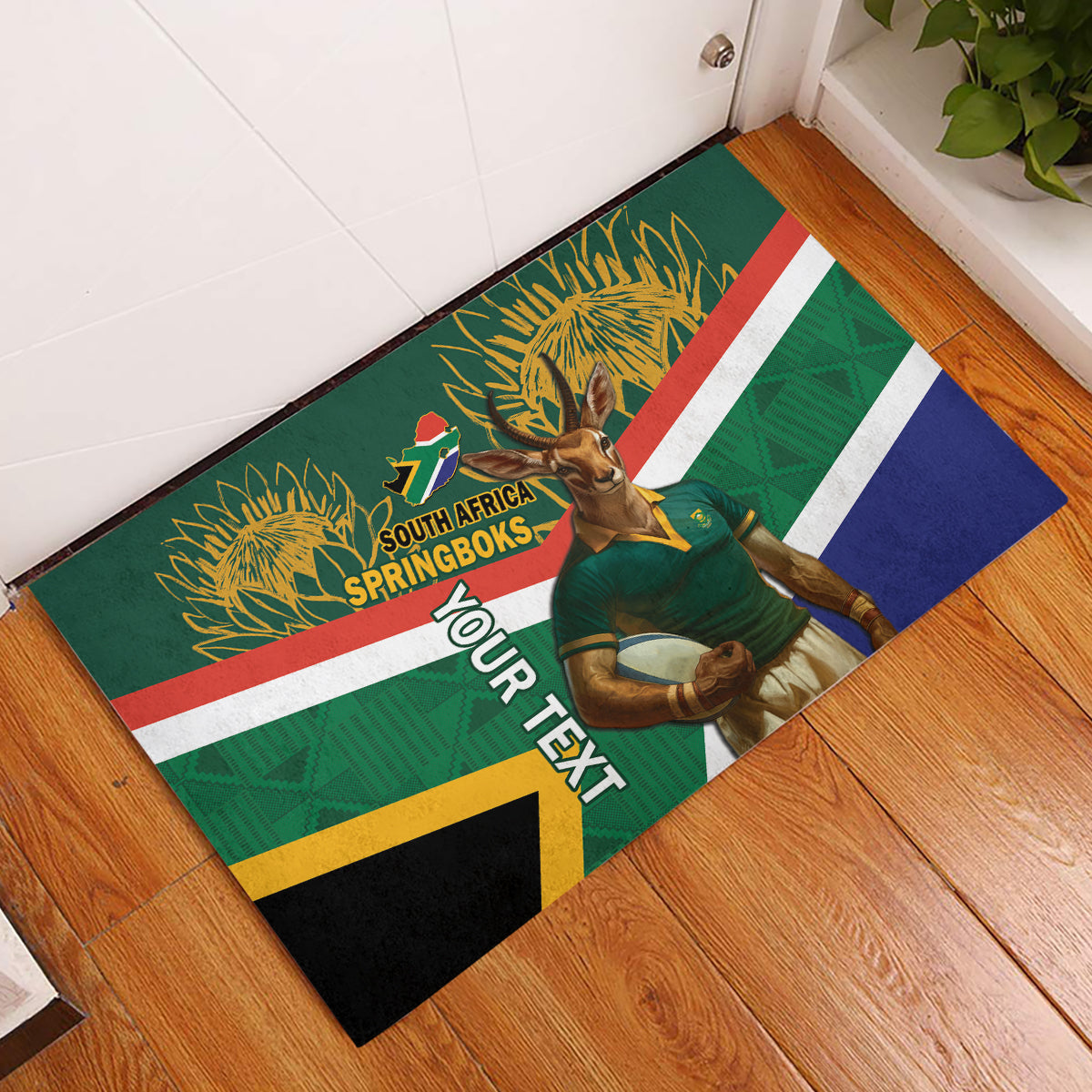 Custom South Africa Rugby Rubber Doormat 2024 Go Springboks Mascot African Pattern - Wonder Print Shop