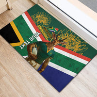 Green rubber doormat with Springboks mascot and South Africa flag pattern, Your Text
