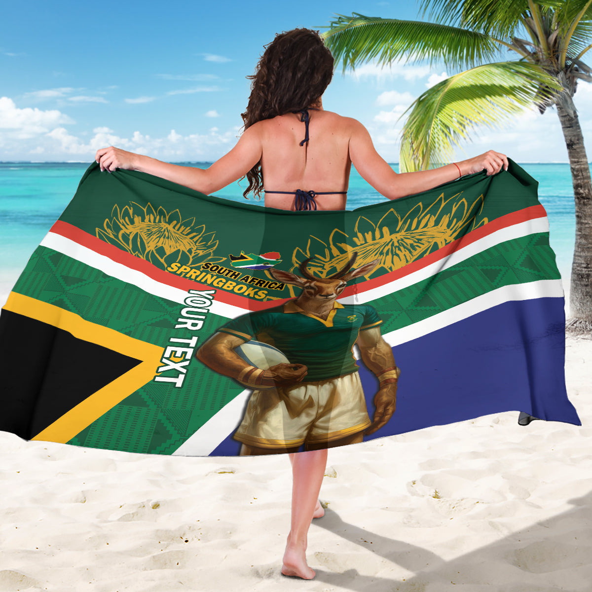 Green South Africa rugby sarong with springbok, mascot, and striped flag pattern