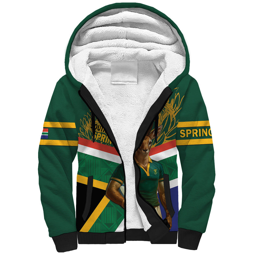 Custom South Africa Rugby Sherpa Hoodie 2024 Go Springboks Mascot African Pattern - Wonder Print Shop