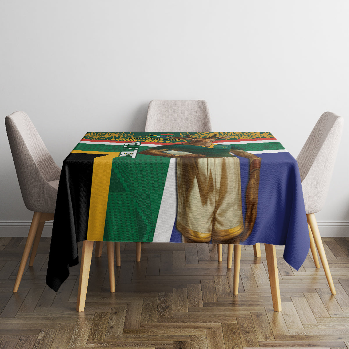 Rugby tablecloth on dining table; green and blue center panel with gold and white accents.