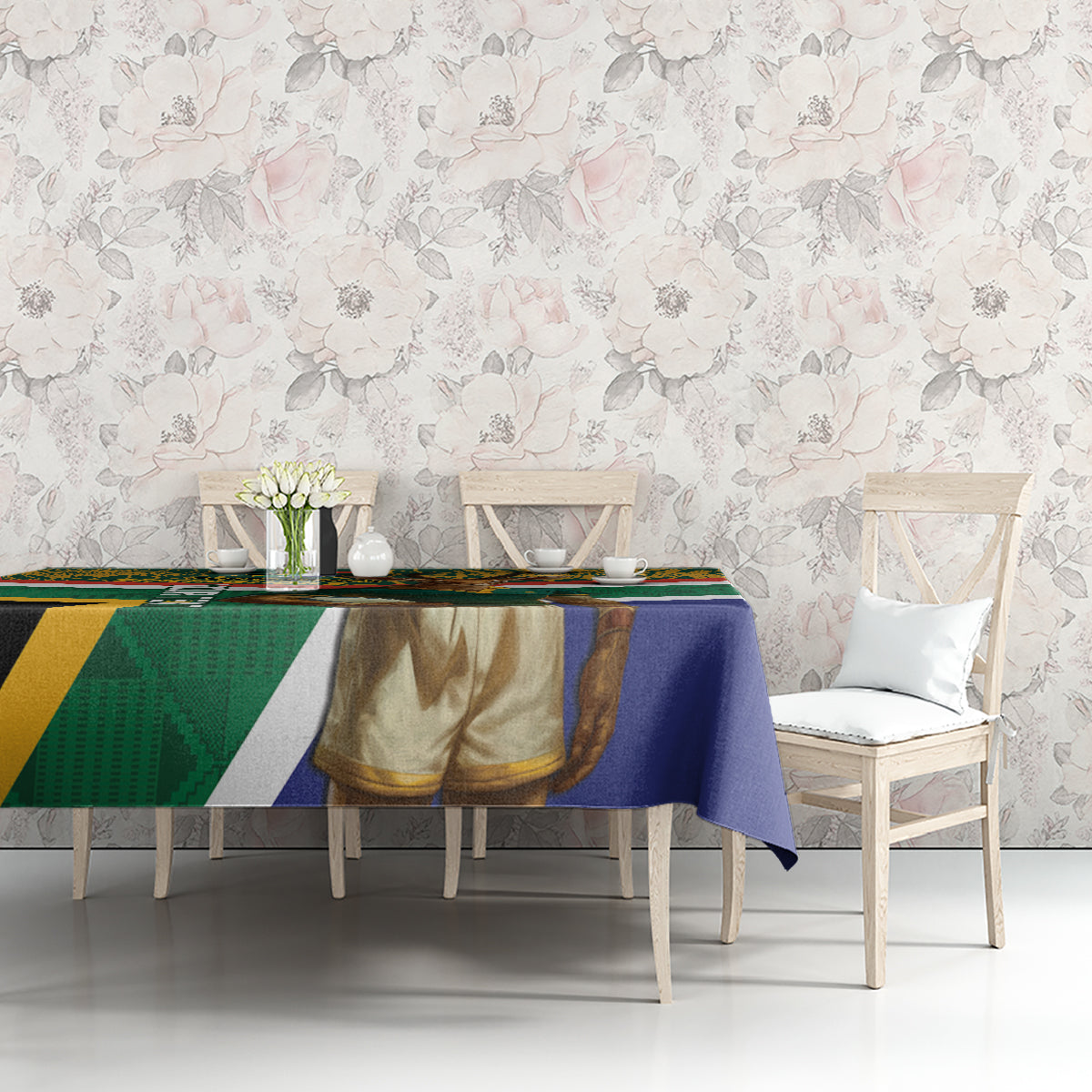Rugby tablecloth with Springbok boots motif; green, blue, and red flag-style blocks.