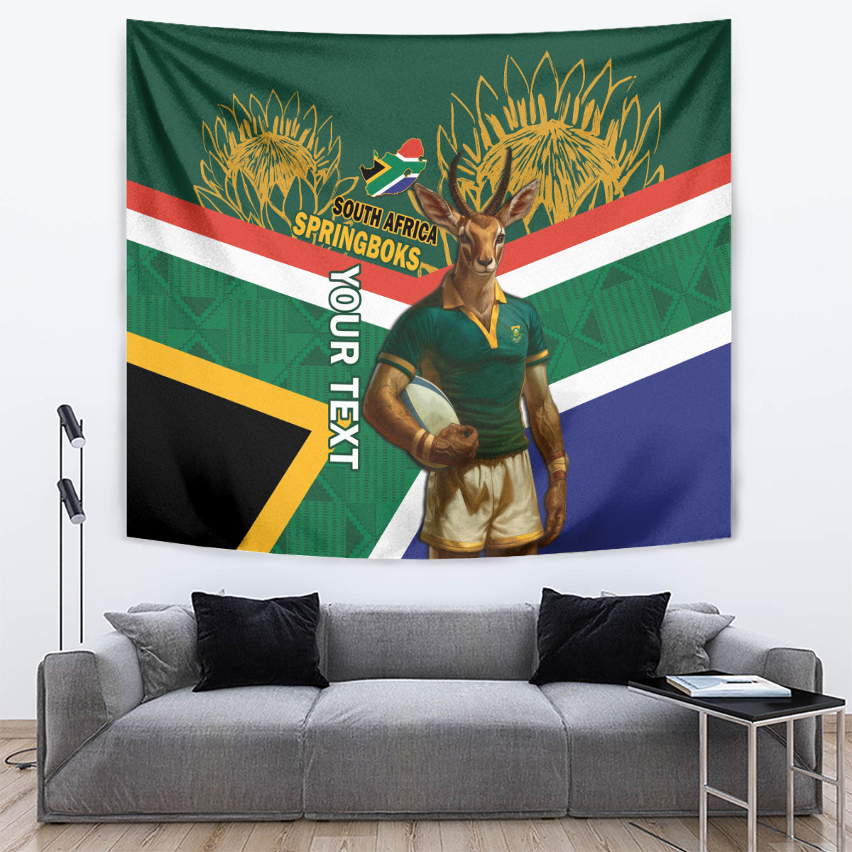 Green South Africa rugby tapestry with mascot, lion heads, Springboks logo and flag rays