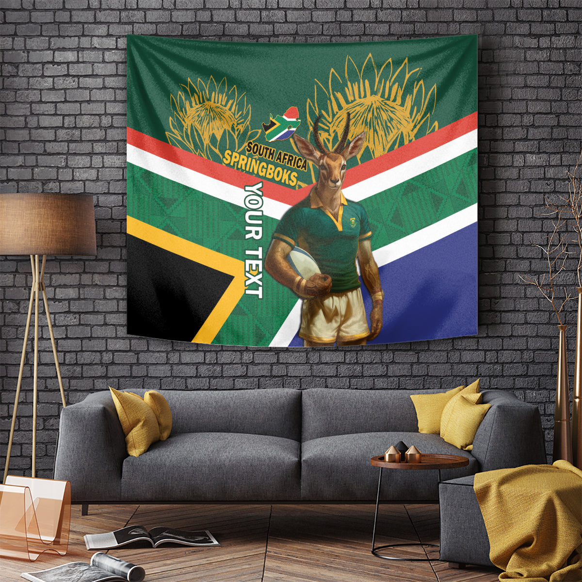 Green rugby tapestry with mascot and lion crest over South Africa Springboks flag pattern