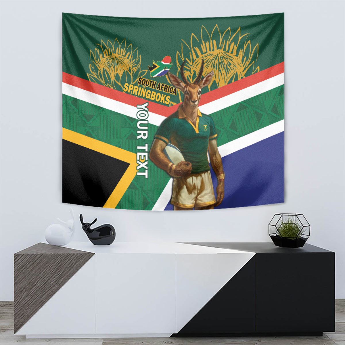Green rugby tapestry with mascot centered, Springboks text and flag stripes