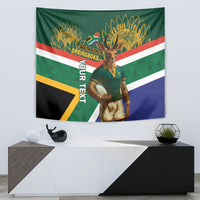 Green rugby tapestry with mascot centered, Springboks text and flag stripes