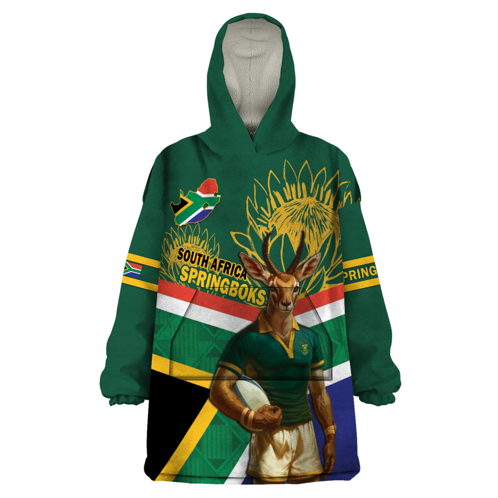 Custom South Africa Rugby Wearable Blanket Hoodie 2024 Go Springboks Mascot African Pattern - Wonder Print Shop