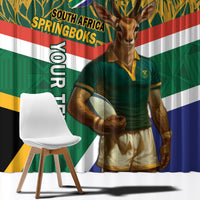 Close view of green rugby curtain panel with Springboks mascot, flag stripes, and graphic crest