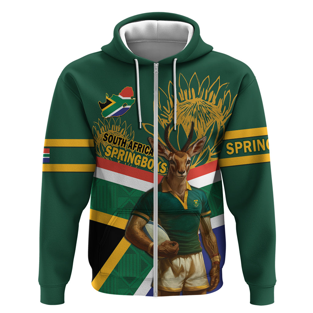 Custom South Africa Rugby Zip Hoodie 2024 Go Springboks Mascot African Pattern - Wonder Print Shop