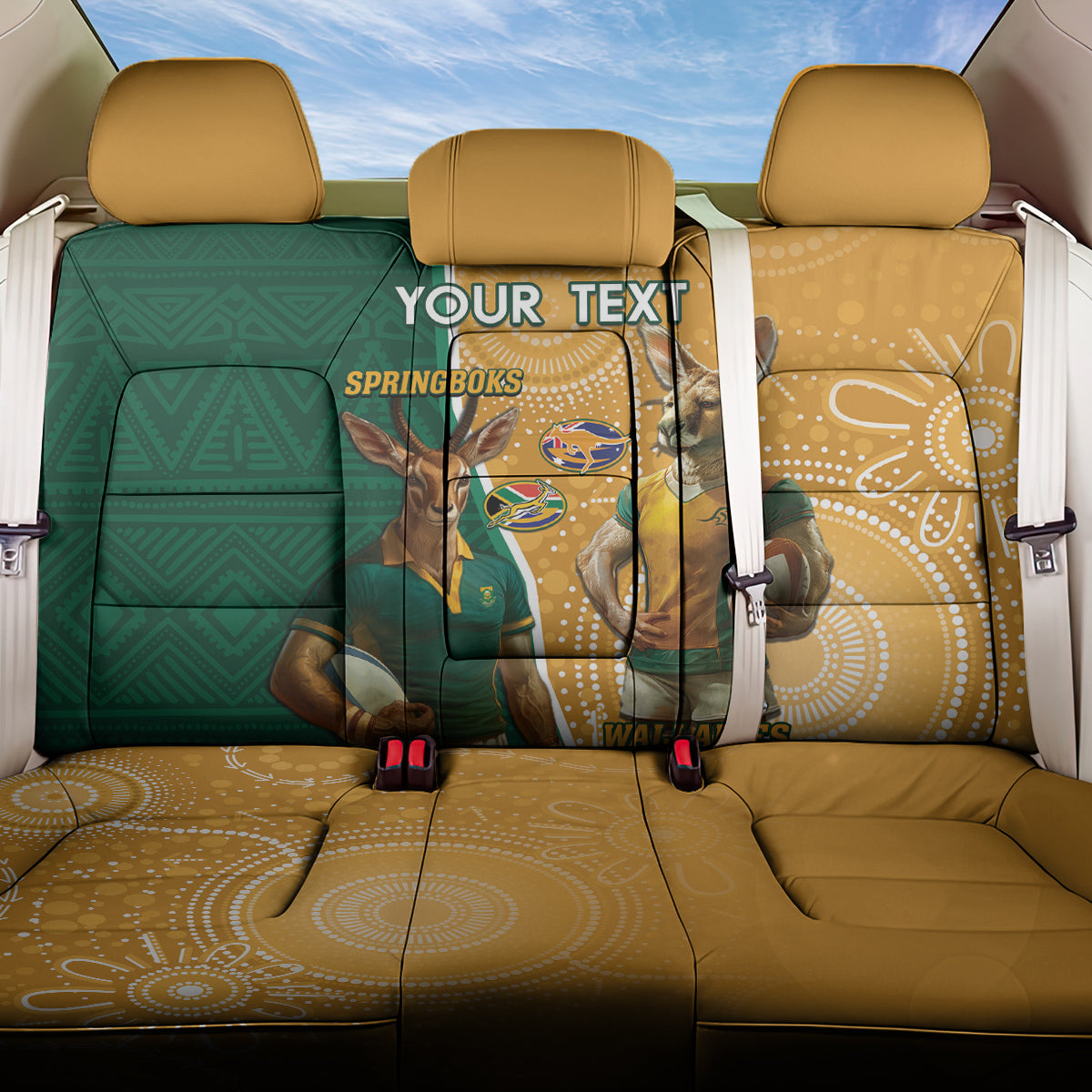 Personalised South Africa And Australia Rugby Back Car Seat Cover 2024 Springboks Wallabies Mascots Together - Wonder Print Shop