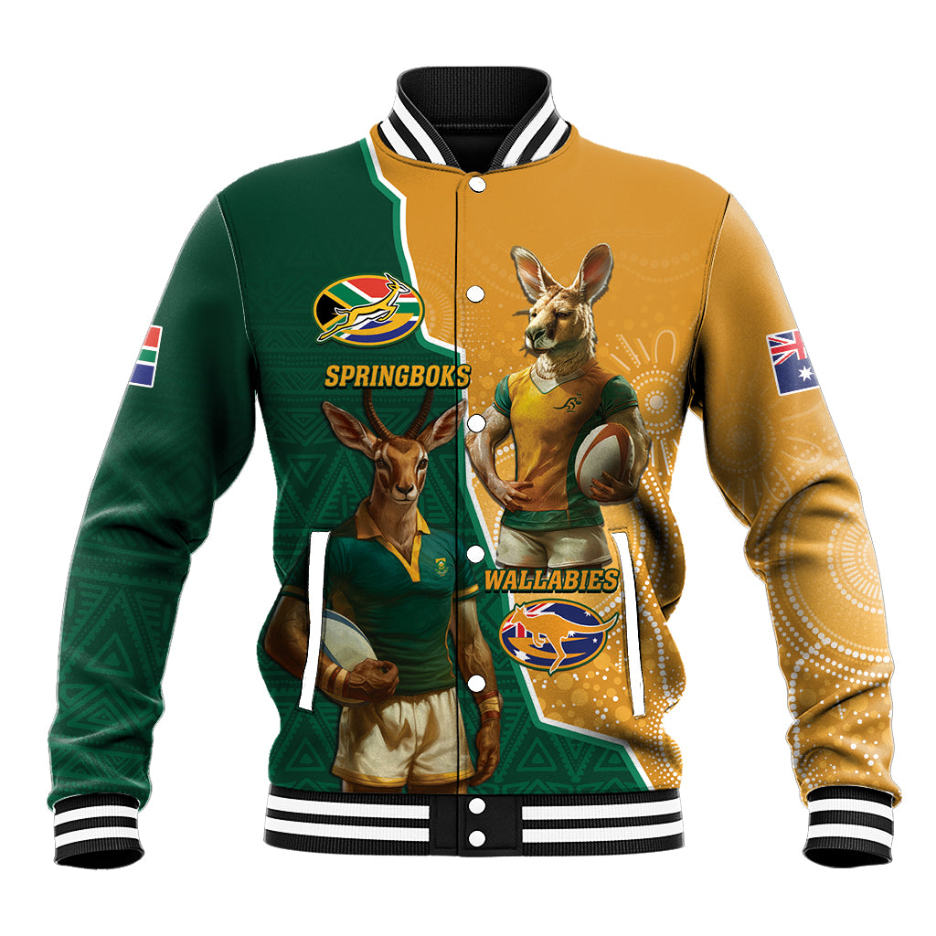Personalized rugby baseball jacket, green and gold, full-zip with mascots graphic