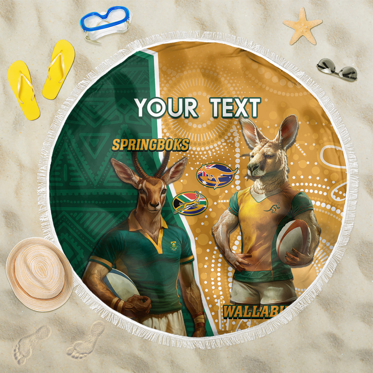 Green round beach blanket with rugby mascots and custom text, fringed border