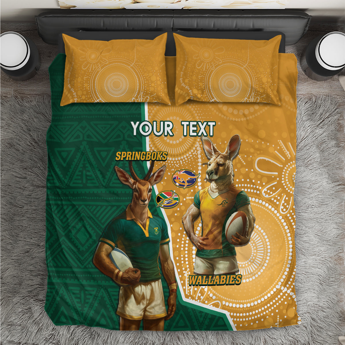 Green and gold rugby bedding set with Springboks and Wallabies mascots, two pillows
