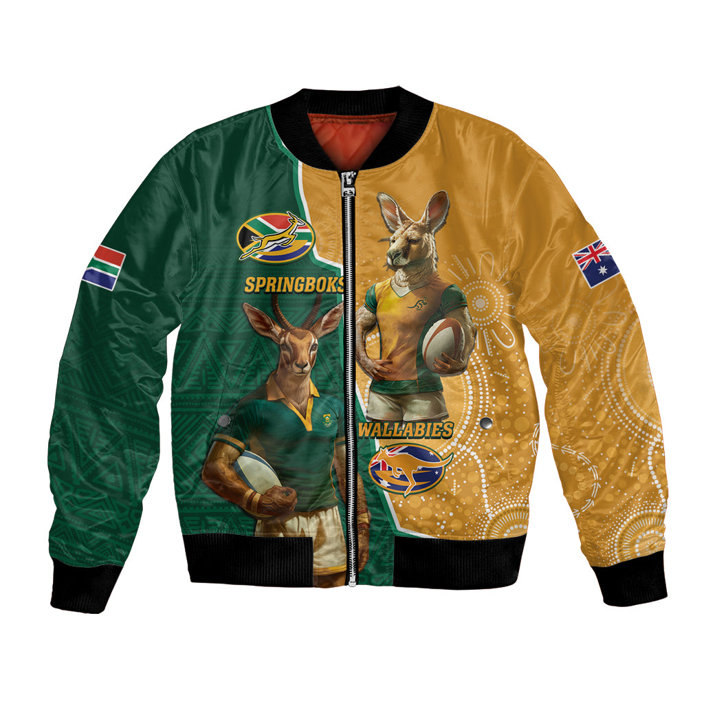 Personalised South Africa And Australia Rugby Bomber Jacket 2024 Springboks Wallabies Mascots Together - Wonder Print Shop