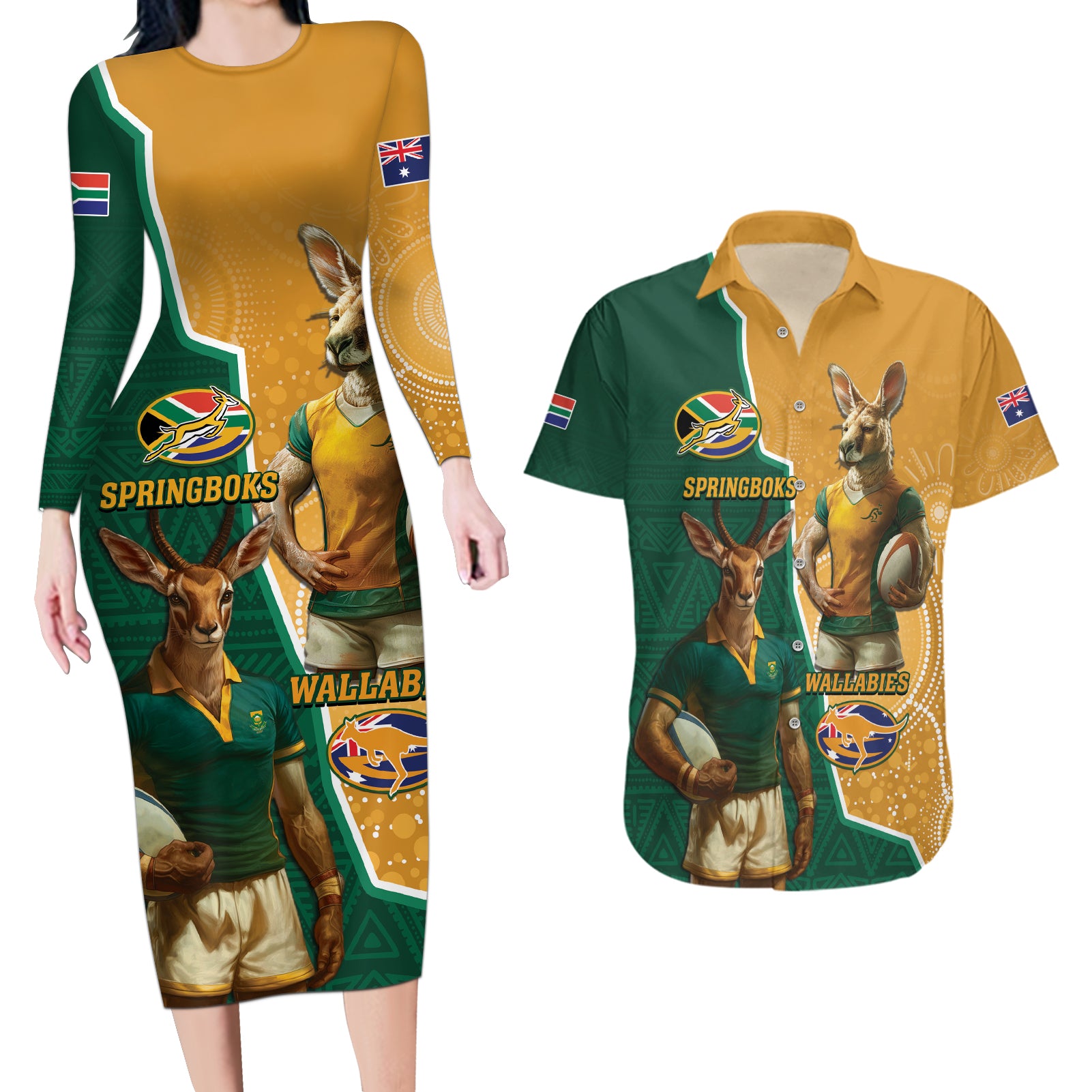 Personalised South Africa And Australia Rugby Couples Matching Long Sleeve Bodycon Dress and Hawaiian Shirt 2024 Springboks Wallabies Mascots Together - Wonder Print Shop