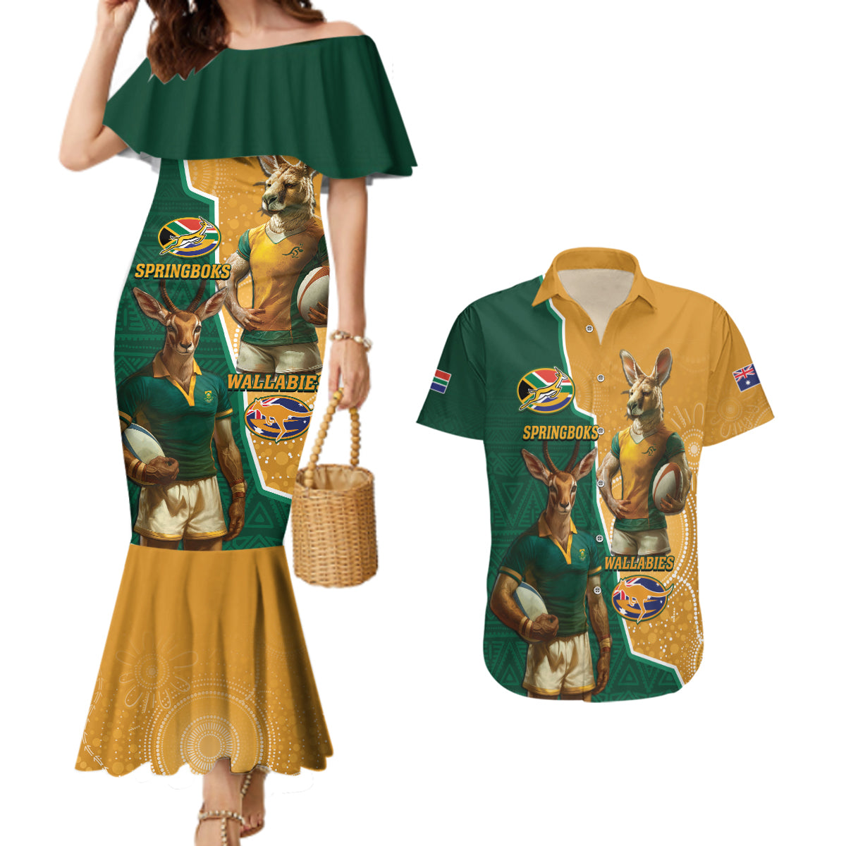 Personalised South Africa And Australia Rugby Couples Matching Mermaid Dress and Hawaiian Shirt 2024 Springboks Wallabies Mascots Together - Wonder Print Shop