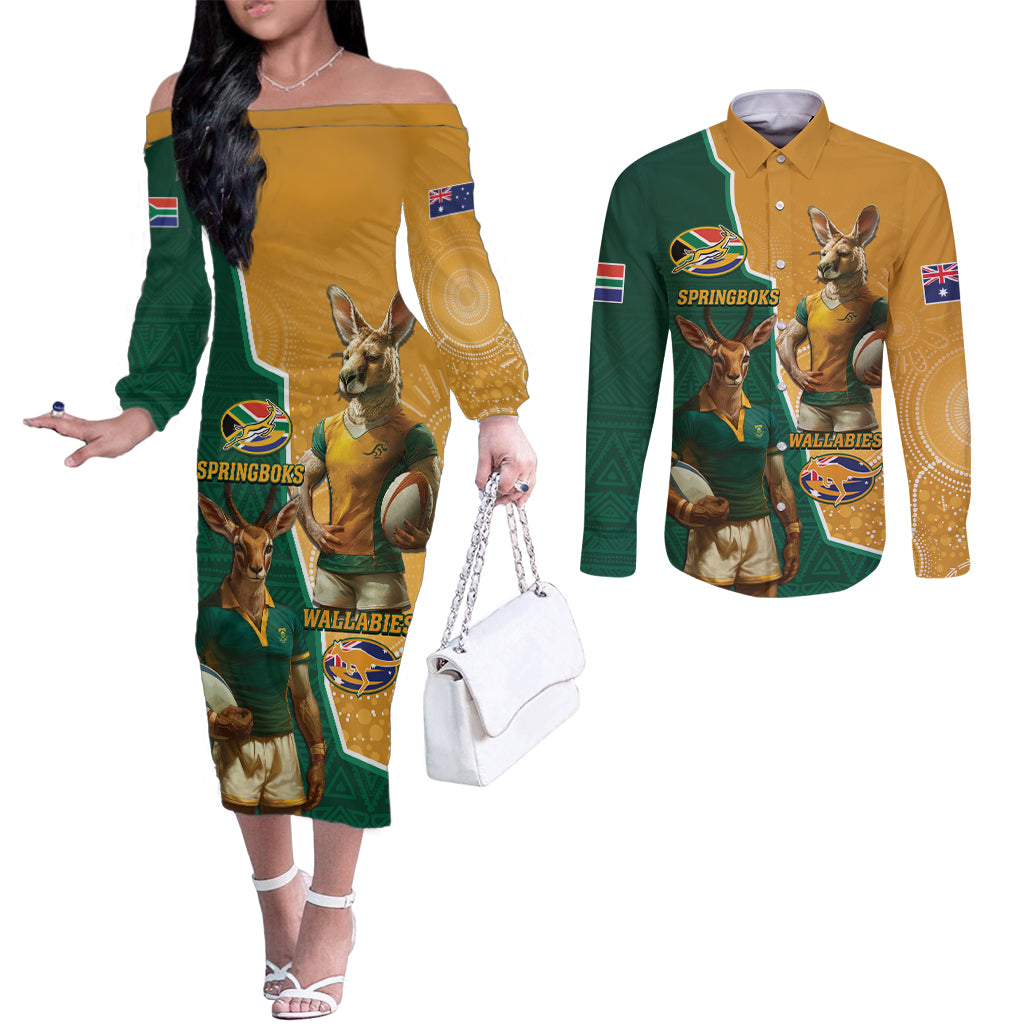 Personalised South Africa And Australia Rugby Couples Matching Off The Shoulder Long Sleeve Dress and Long Sleeve Button Shirt 2024 Springboks Wallabies Mascots Together