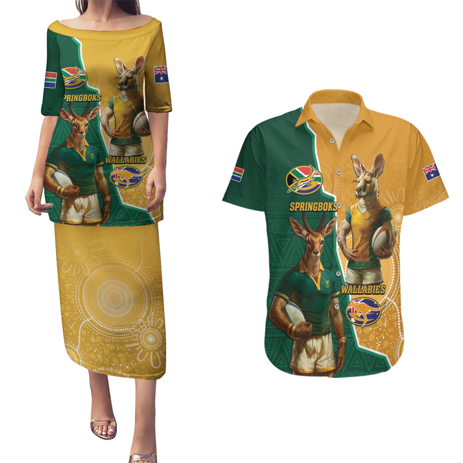 Personalised South Africa And Australia Rugby Couples Matching Puletasi and Hawaiian Shirt 2024 Springboks Wallabies Mascots Together - Wonder Print Shop