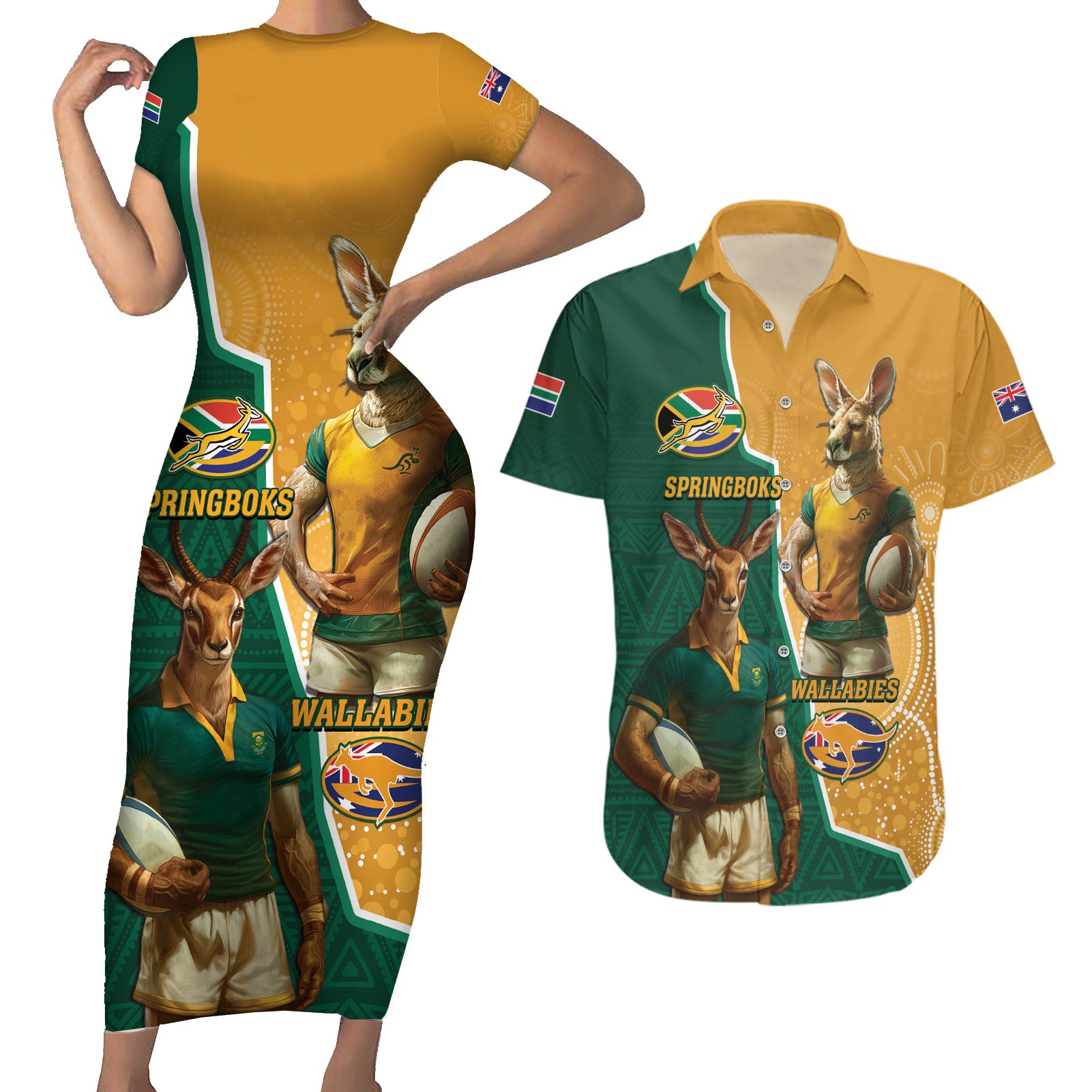 Personalised South Africa And Australia Rugby Couples Matching Short Sleeve Bodycon Dress and Hawaiian Shirt 2024 Springboks Wallabies Mascots Together - Wonder Print Shop