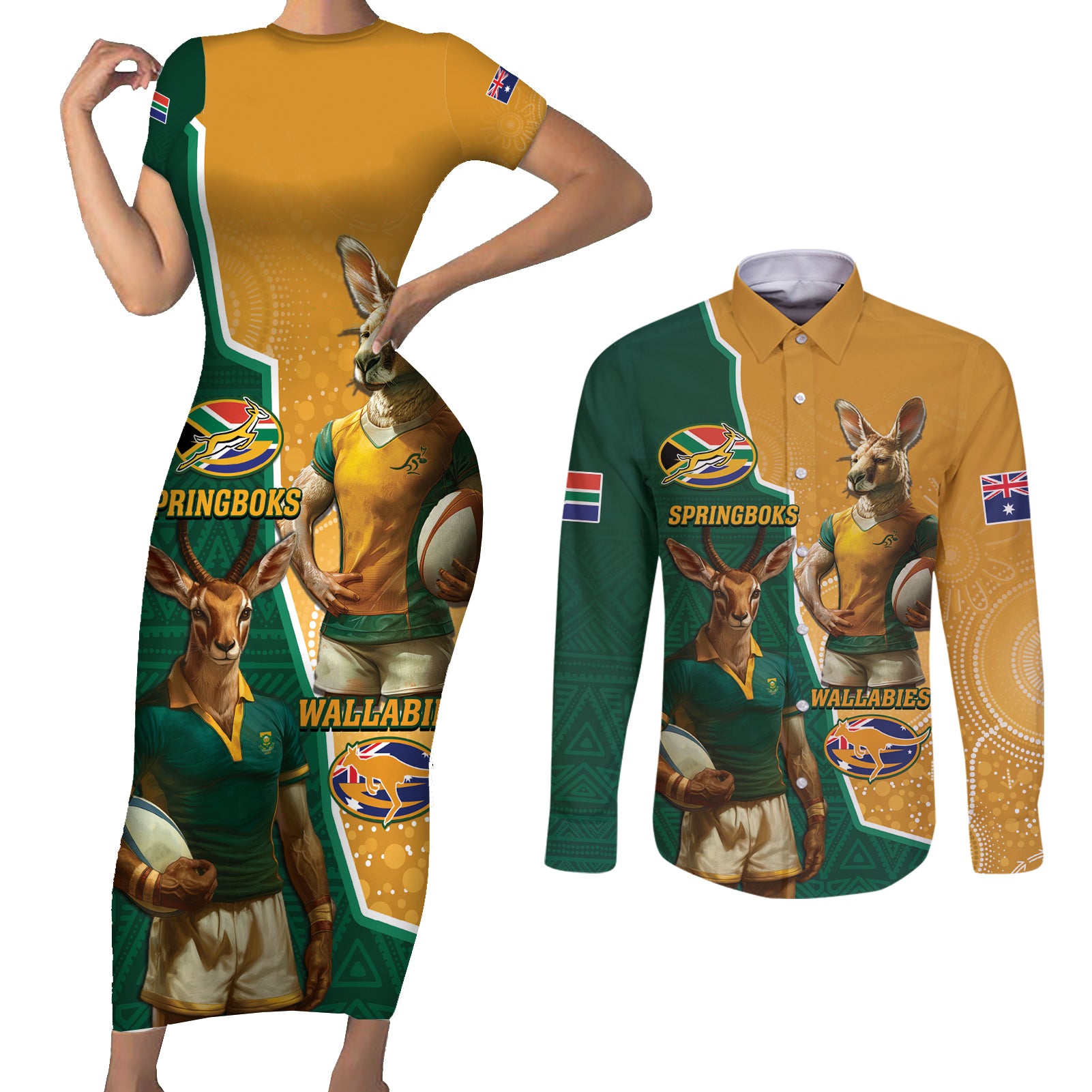 Personalised South Africa And Australia Rugby Couples Matching Short Sleeve Bodycon Dress and Long Sleeve Button Shirt 2024 Springboks Wallabies Mascots Together - Wonder Print Shop