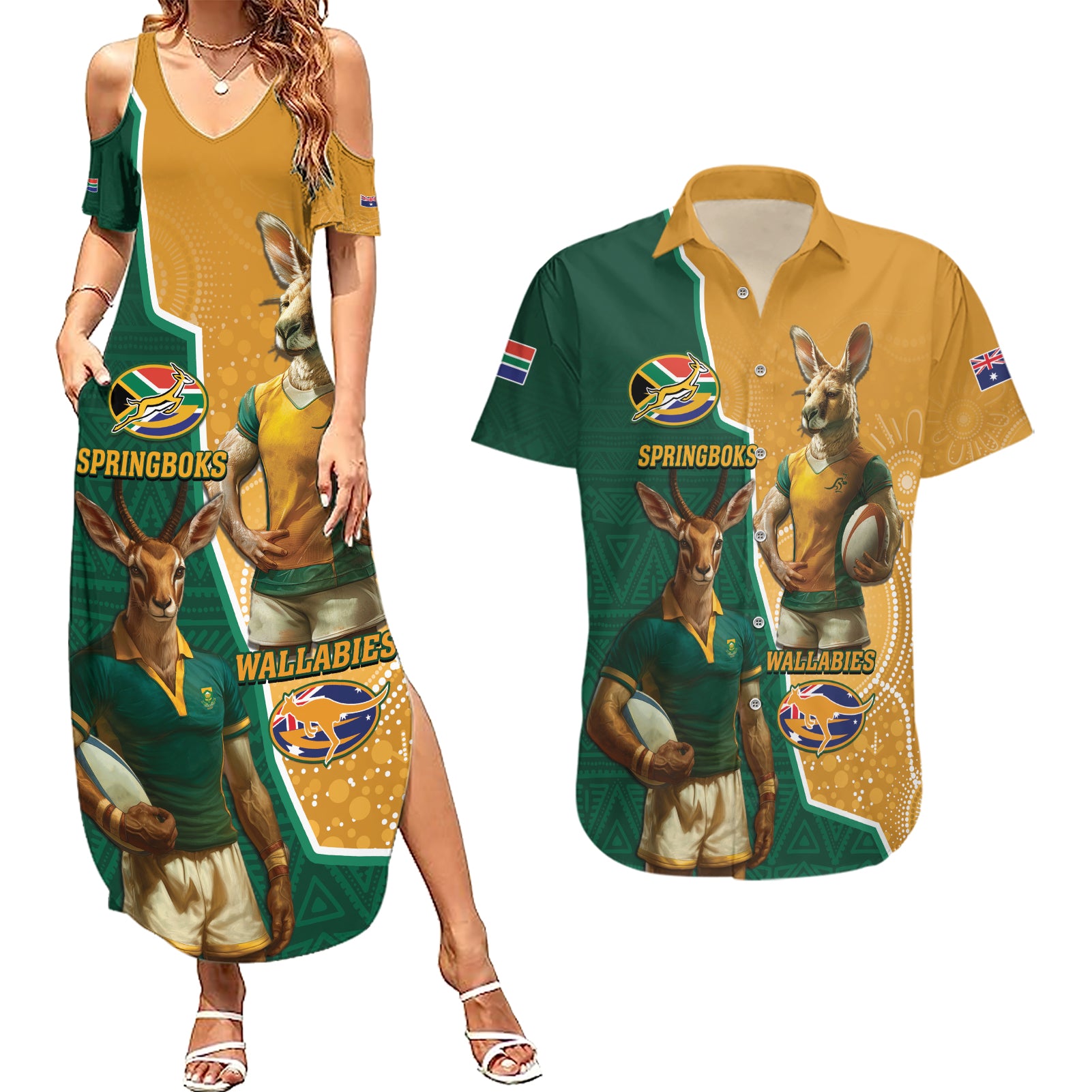 Personalised South Africa And Australia Rugby Couples Matching Summer Maxi Dress and Hawaiian Shirt 2024 Springboks Wallabies Mascots Together - Wonder Print Shop