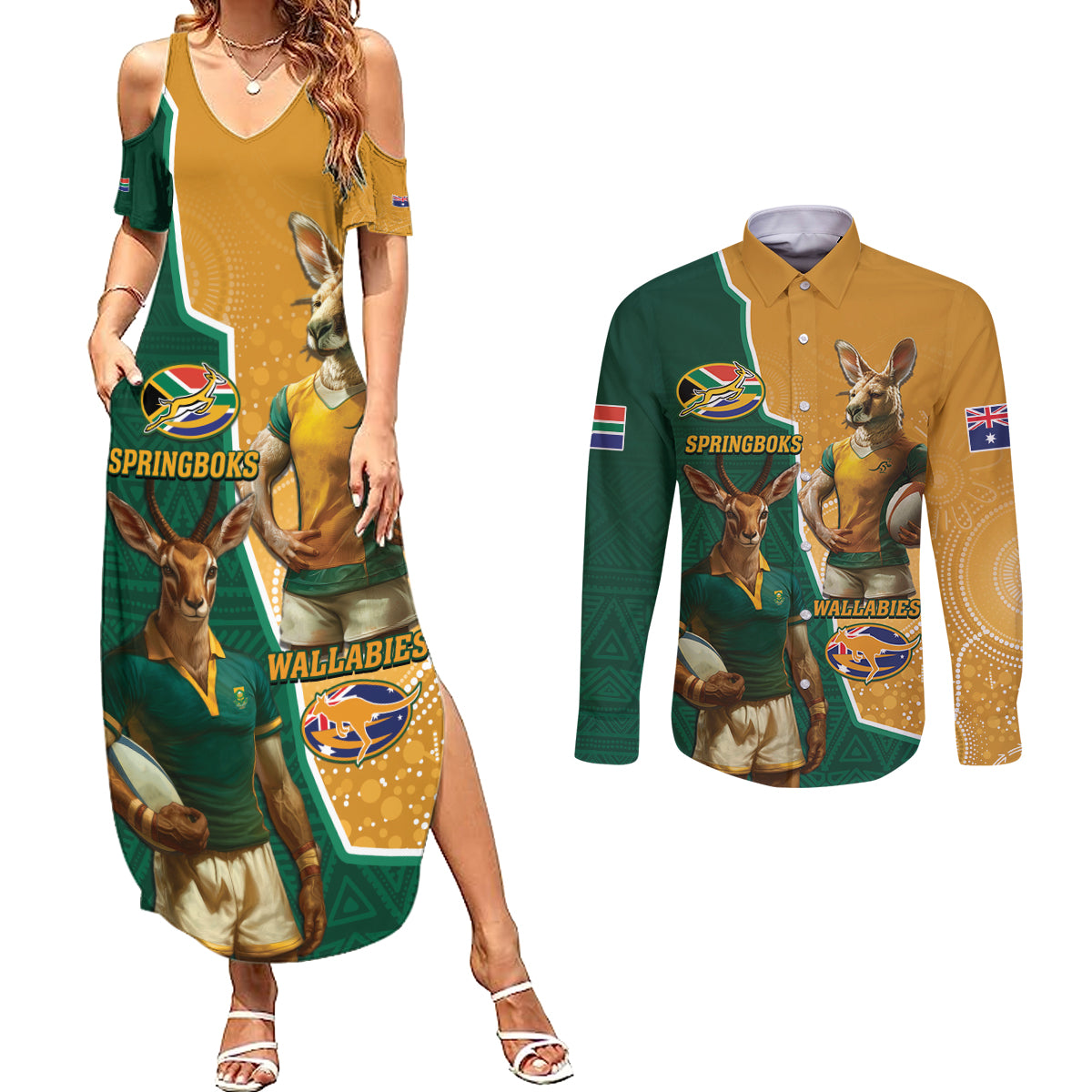 Personalised South Africa And Australia Rugby Couples Matching Summer Maxi Dress and Long Sleeve Button Shirt 2024 Springboks Wallabies Mascots Together - Wonder Print Shop