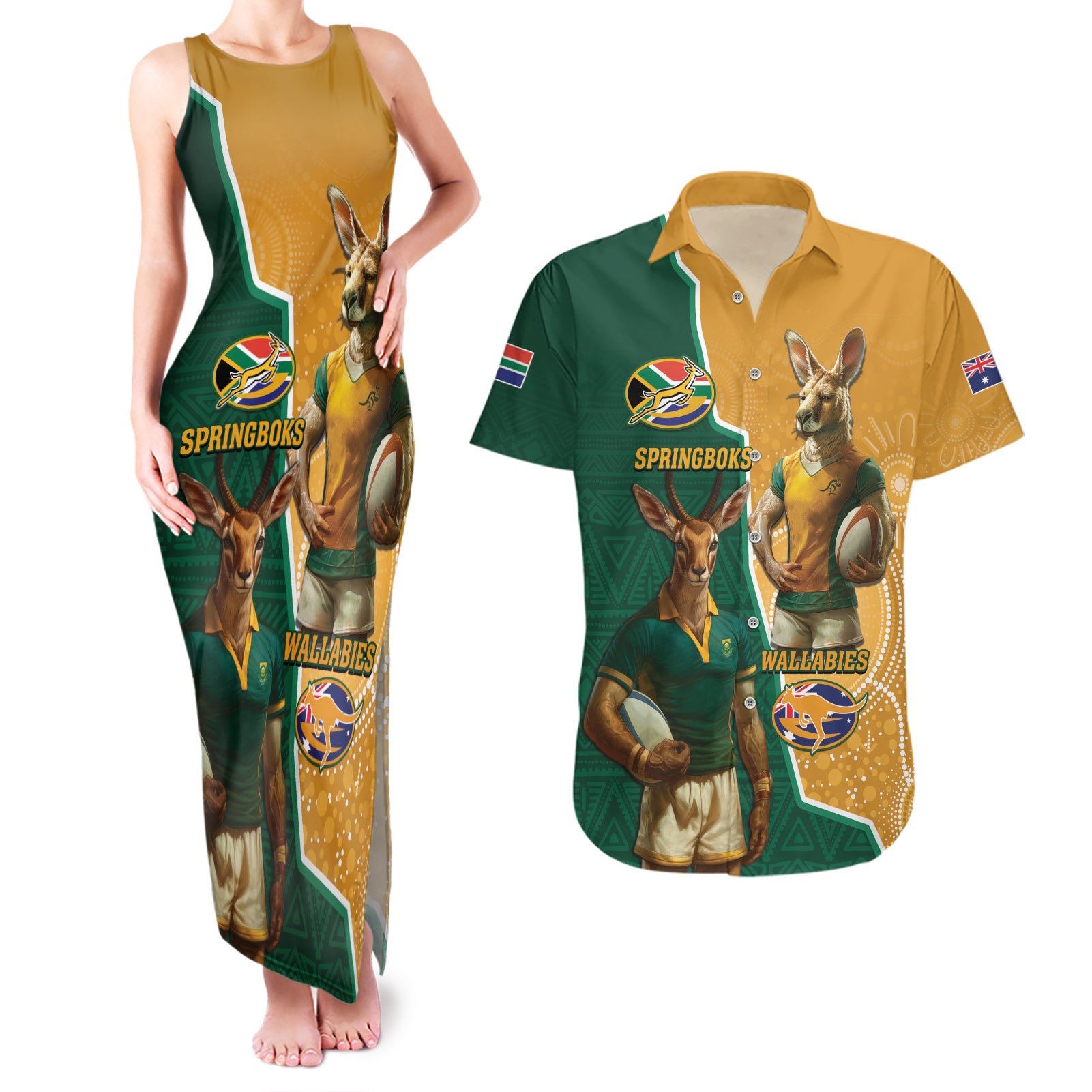 Personalised South Africa And Australia Rugby Couples Matching Tank Maxi Dress and Hawaiian Shirt 2024 Springboks Wallabies Mascots Together - Wonder Print Shop