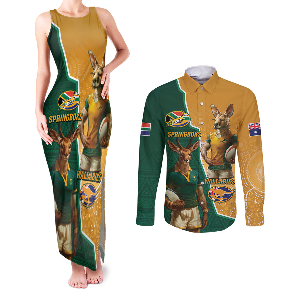 Personalised South Africa And Australia Rugby Couples Matching Tank Maxi Dress and Long Sleeve Button Shirt 2024 Springboks Wallabies Mascots Together - Wonder Print Shop