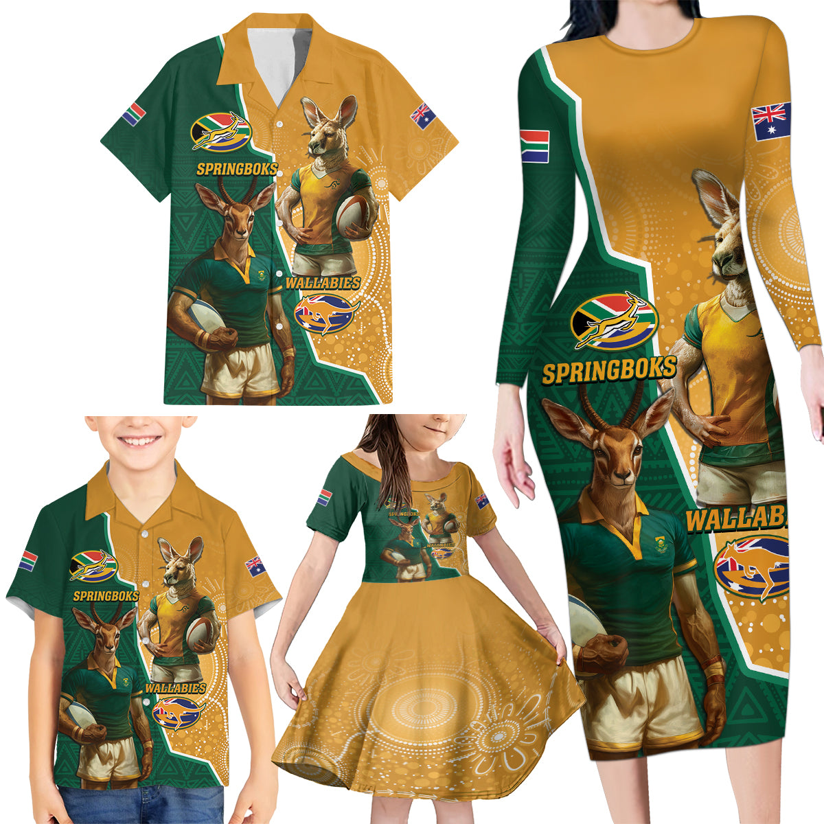 Personalised South Africa And Australia Rugby Family Matching Long Sleeve Bodycon Dress and Hawaiian Shirt 2024 Springboks Wallabies Mascots Together - Wonder Print Shop