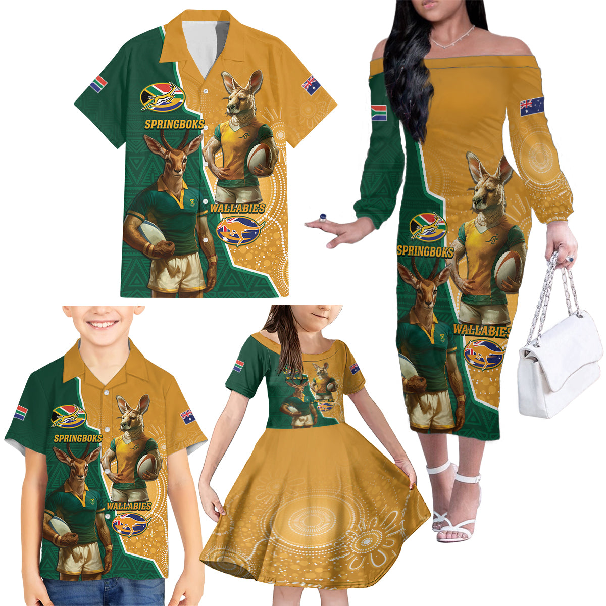 Personalised South Africa And Australia Rugby Family Matching Off The Shoulder Long Sleeve Dress and Hawaiian Shirt 2024 Springboks Wallabies Mascots Together - Wonder Print Shop