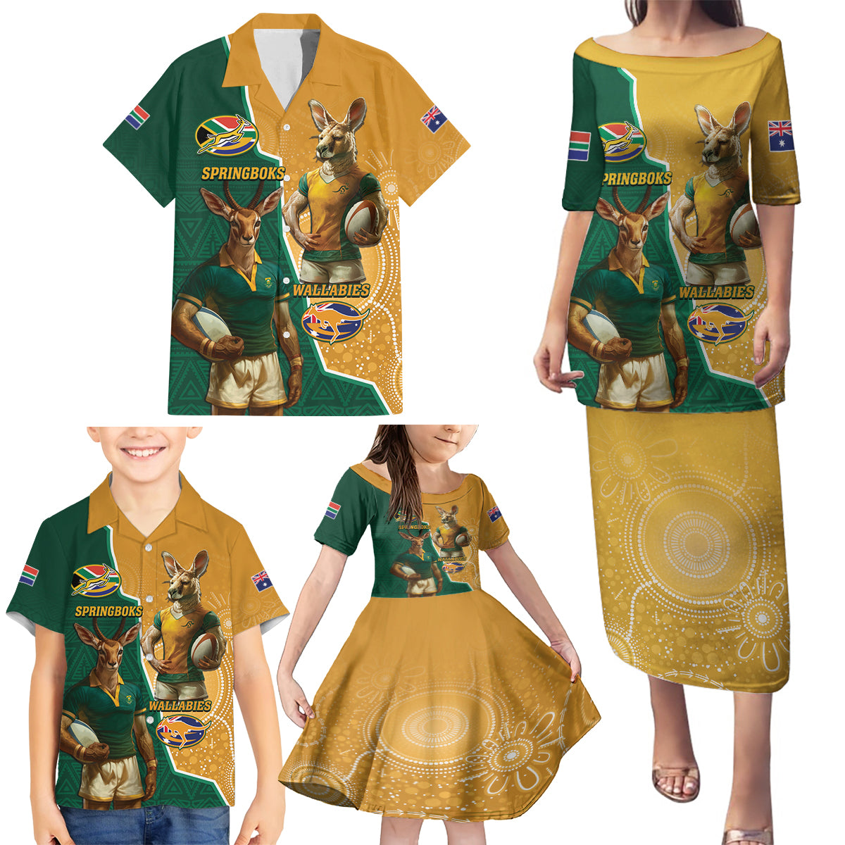 Personalised South Africa And Australia Rugby Family Matching Puletasi and Hawaiian Shirt 2024 Springboks Wallabies Mascots Together - Wonder Print Shop