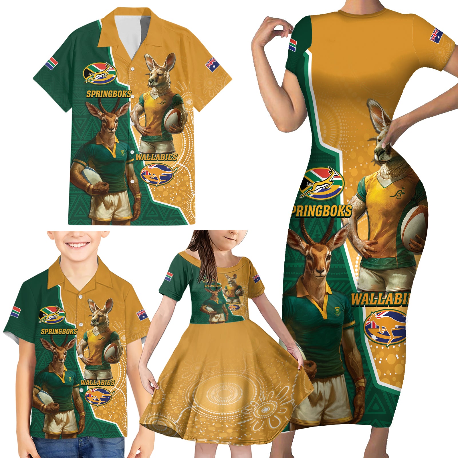 Personalised South Africa And Australia Rugby Family Matching Short Sleeve Bodycon Dress and Hawaiian Shirt 2024 Springboks Wallabies Mascots Together - Wonder Print Shop