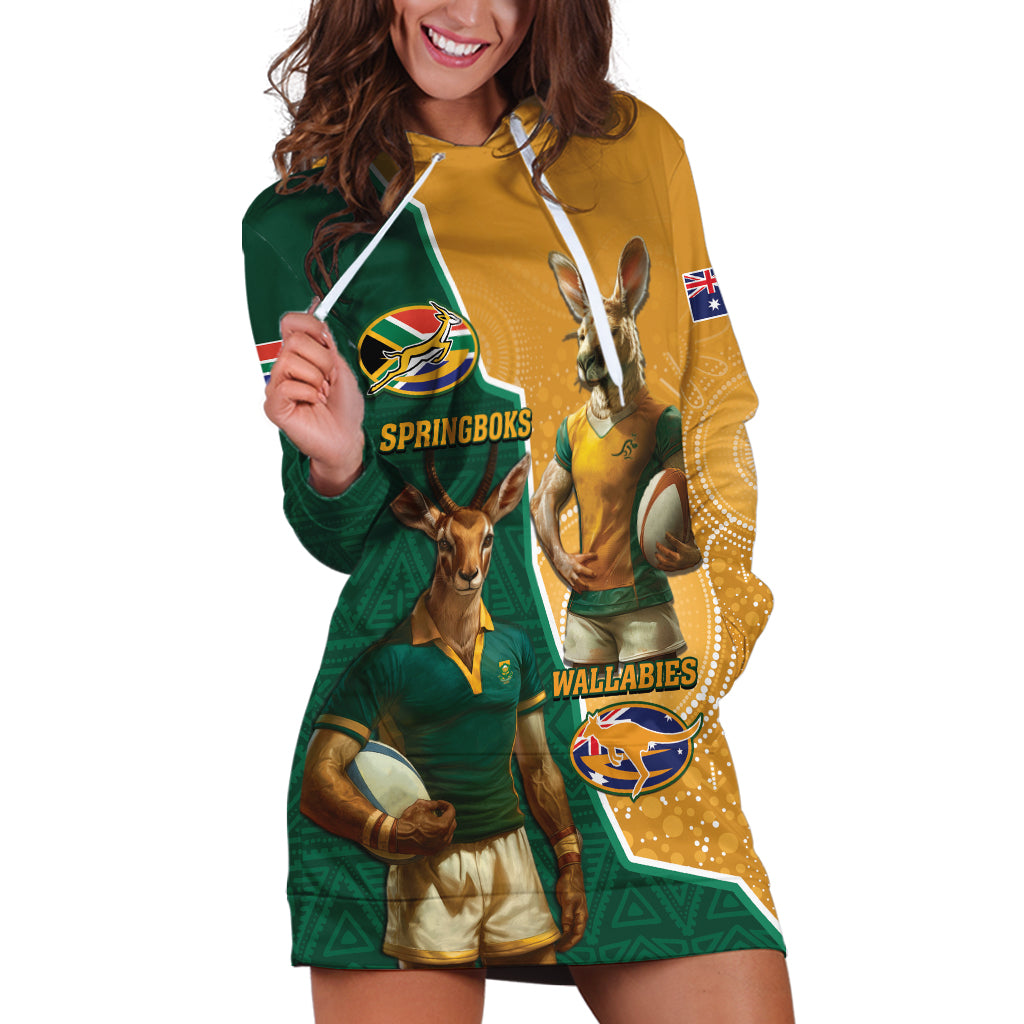 Personalised South Africa And Australia Rugby Hoodie Dress 2024 Springboks Wallabies Mascots Together - Wonder Print Shop