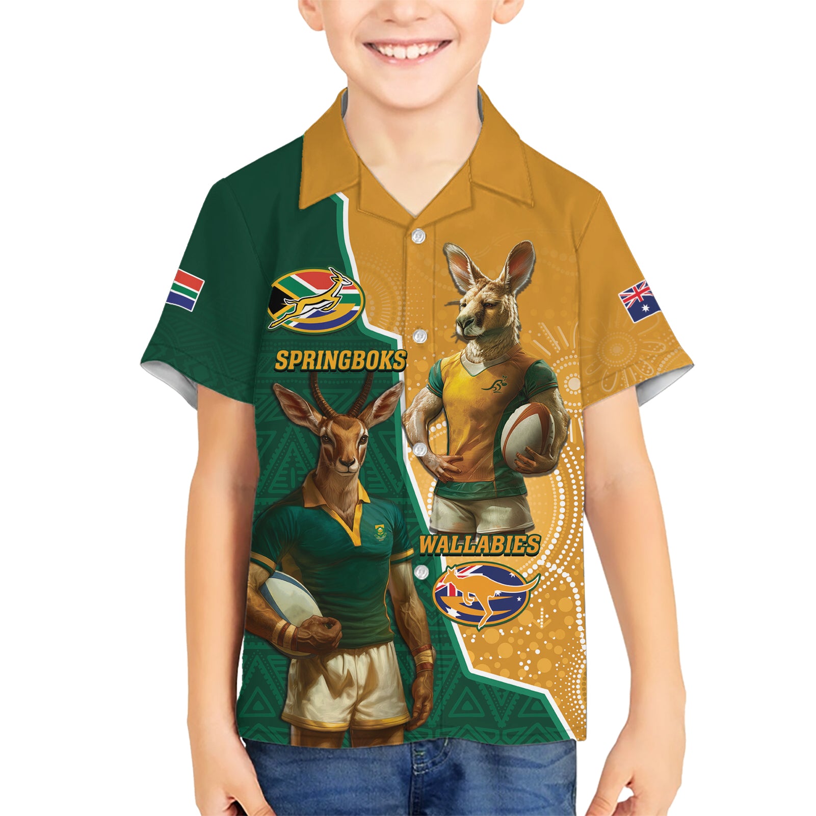 Personalised South Africa And Australia Rugby Kid Hawaiian Shirt 2024 Springboks Wallabies Mascots Together - Wonder Print Shop