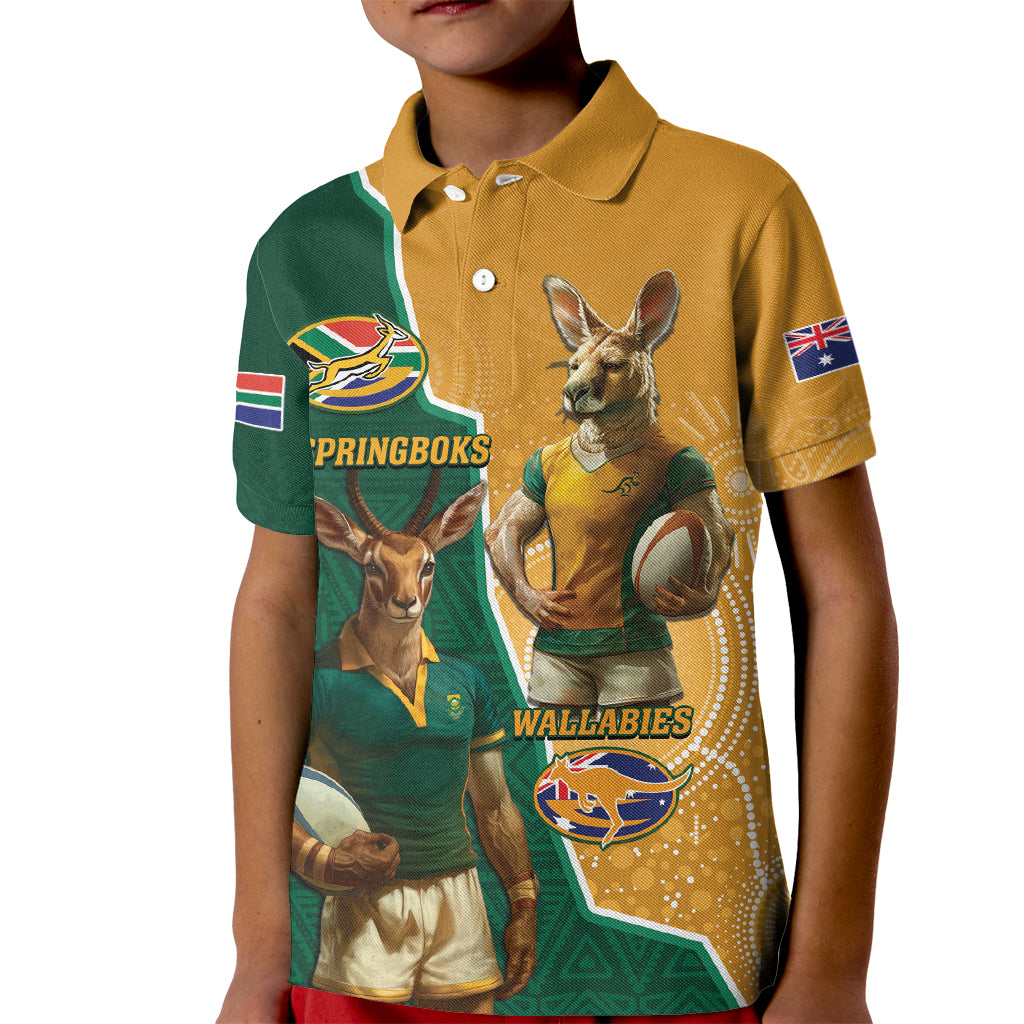 Personalised South Africa And Australia Rugby Kid Polo Shirt 2024 Springboks Wallabies Mascots Together - Wonder Print Shop