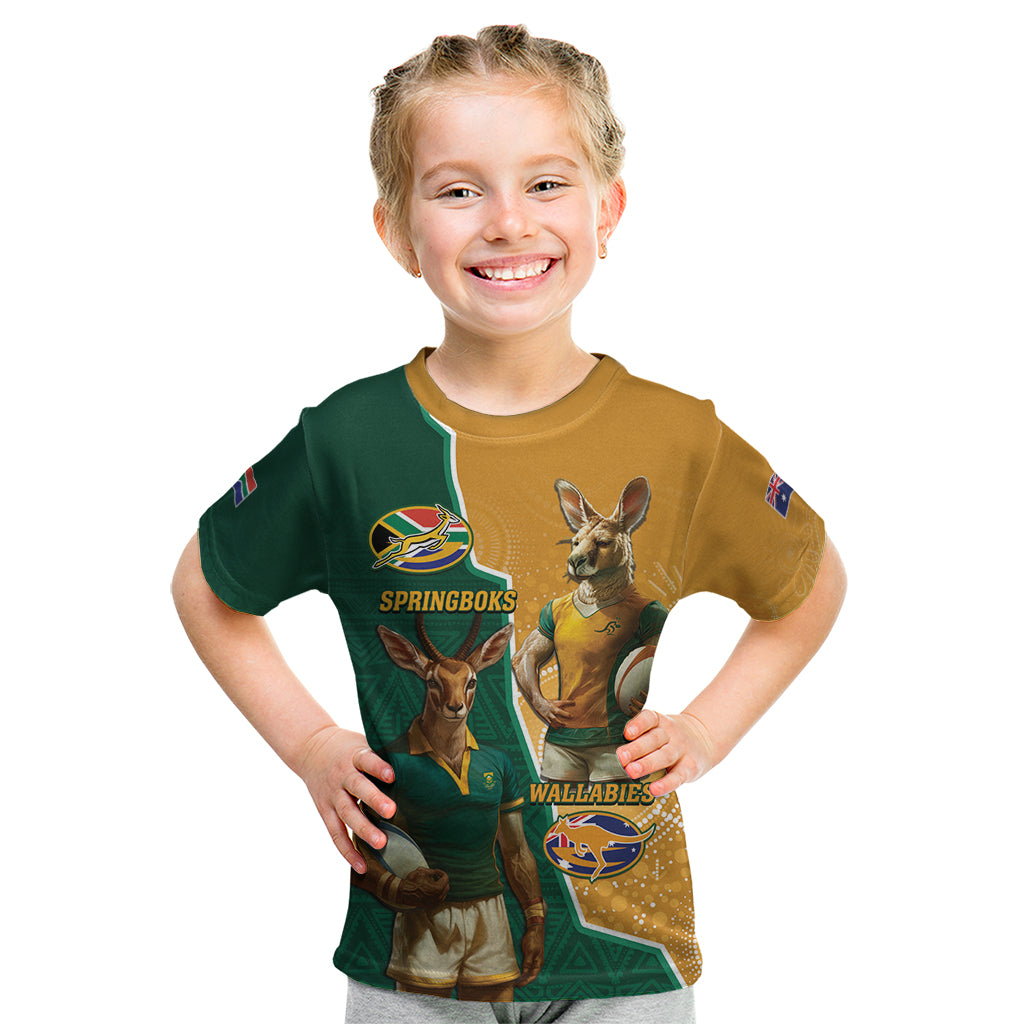 Personalised South Africa And Australia Rugby Kid T Shirt 2024 Springboks Wallabies Mascots Together - Wonder Print Shop