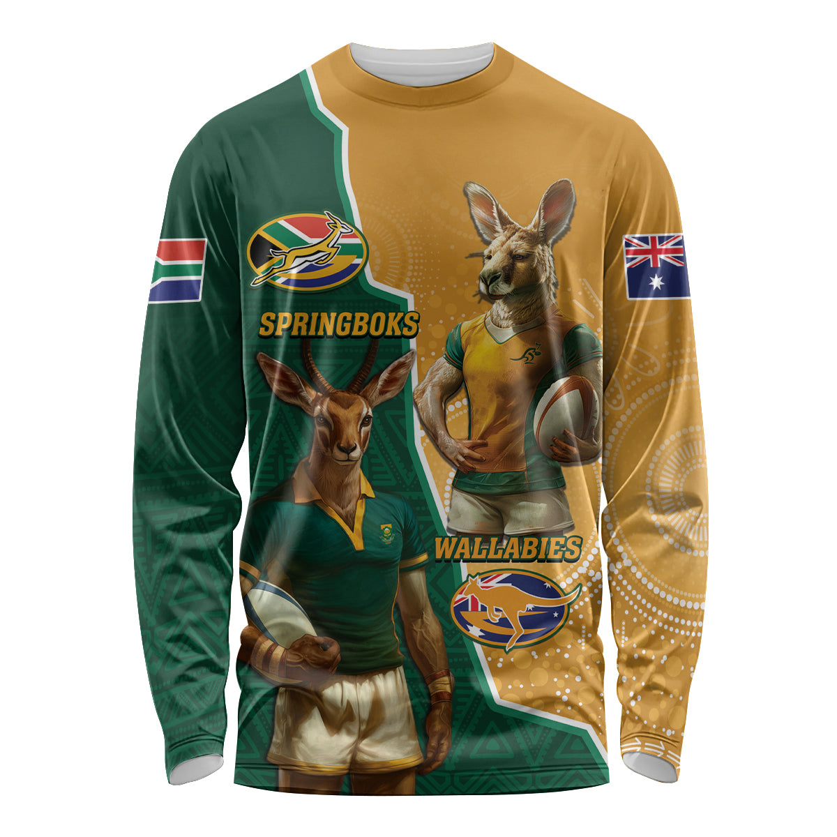 Personalised South Africa And Australia Rugby Long Sleeve Shirt 2024 Springboks Wallabies Mascots Together - Wonder Print Shop