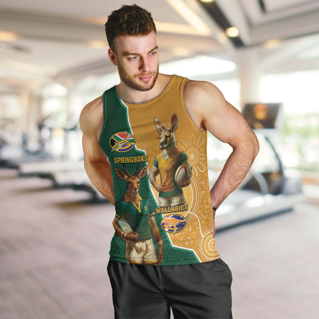 Personalised South Africa And Australia Rugby Men Tank Top 2024 Springboks Wallabies Mascots Together - Wonder Print Shop