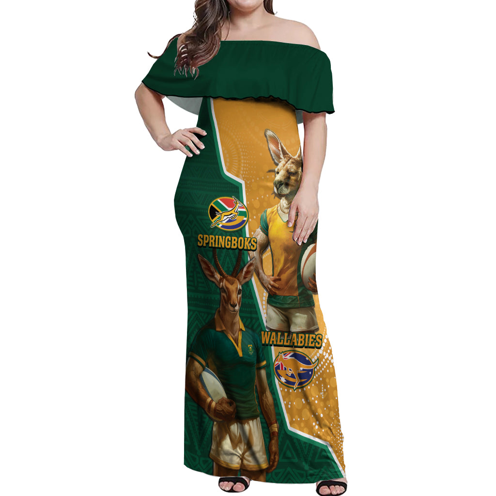 Personalised South Africa And Australia Rugby Off Shoulder Maxi Dress 2024 Springboks Wallabies Mascots Together - Wonder Print Shop