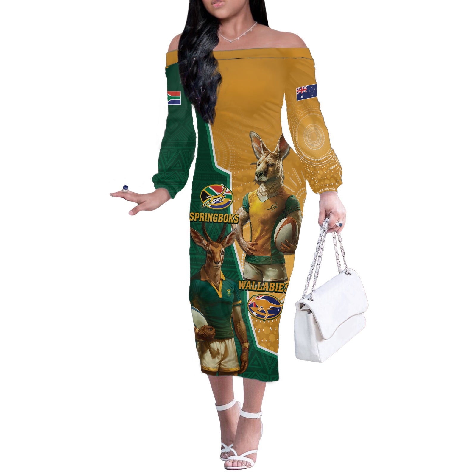 Personalised South Africa And Australia Rugby Off The Shoulder Long Sleeve Dress 2024 Springboks Wallabies Mascots Together - Wonder Print Shop