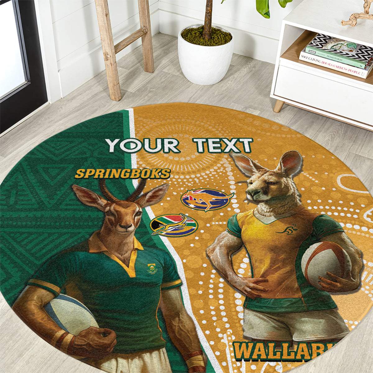 Green and gold round rugby carpet with antelope and kangaroo mascots and a custom text area