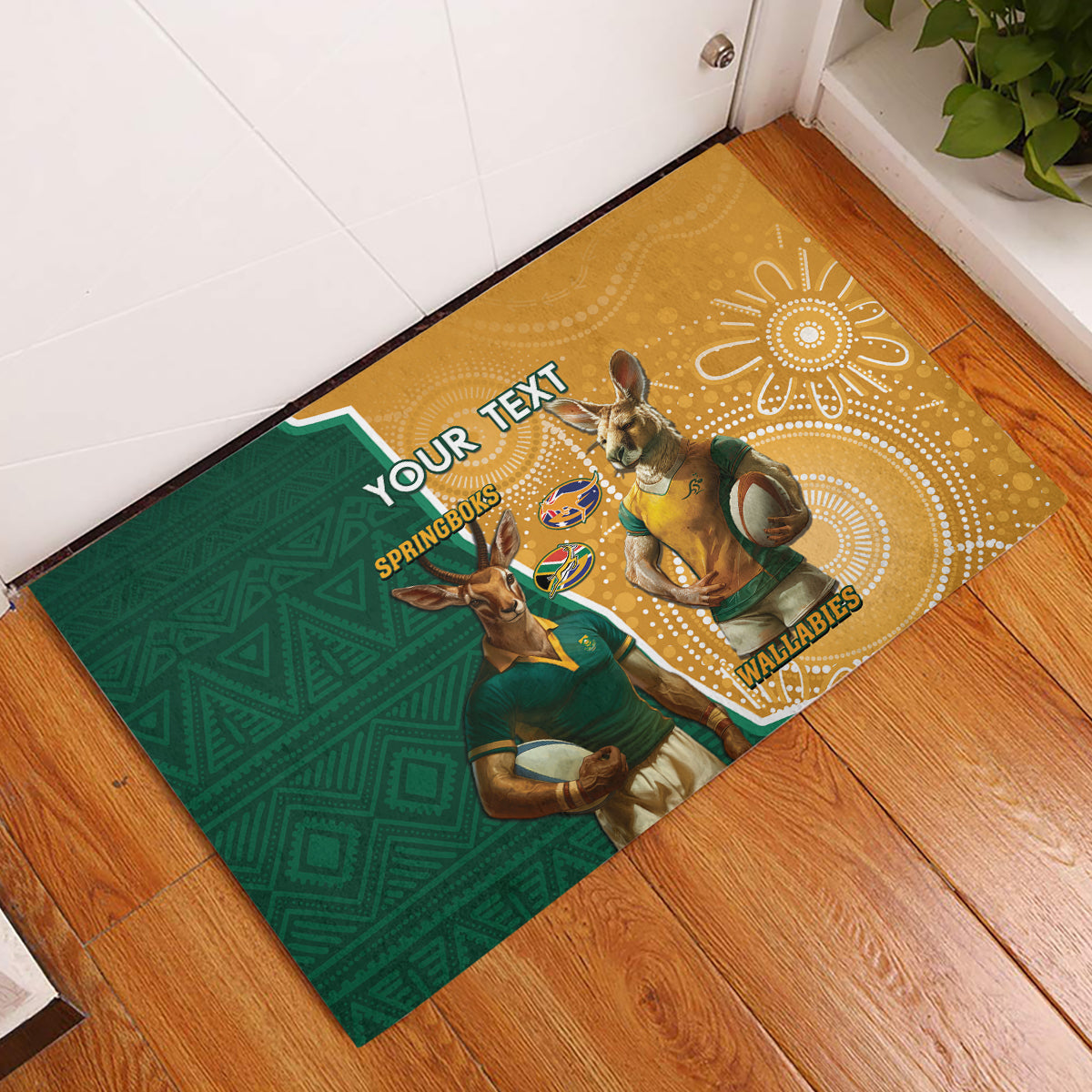 Personalised South Africa And Australia Rugby Rubber Doormat 2024 Springboks Wallabies Mascots Together