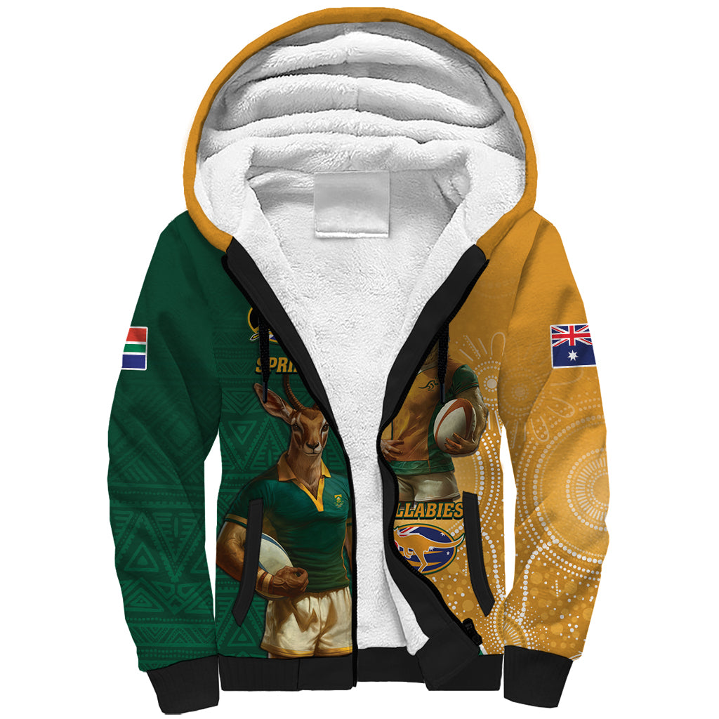 Personalised South Africa And Australia Rugby Sherpa Hoodie 2024 Springboks Wallabies Mascots Together