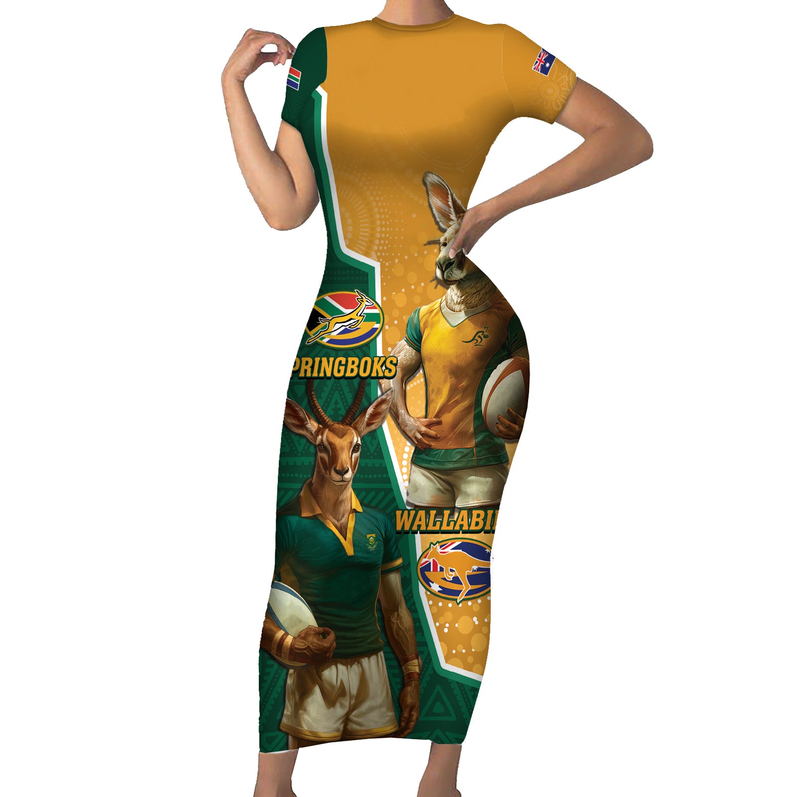 Personalised South Africa And Australia Rugby Short Sleeve Bodycon Dress 2024 Springboks Wallabies Mascots Together - Wonder Print Shop