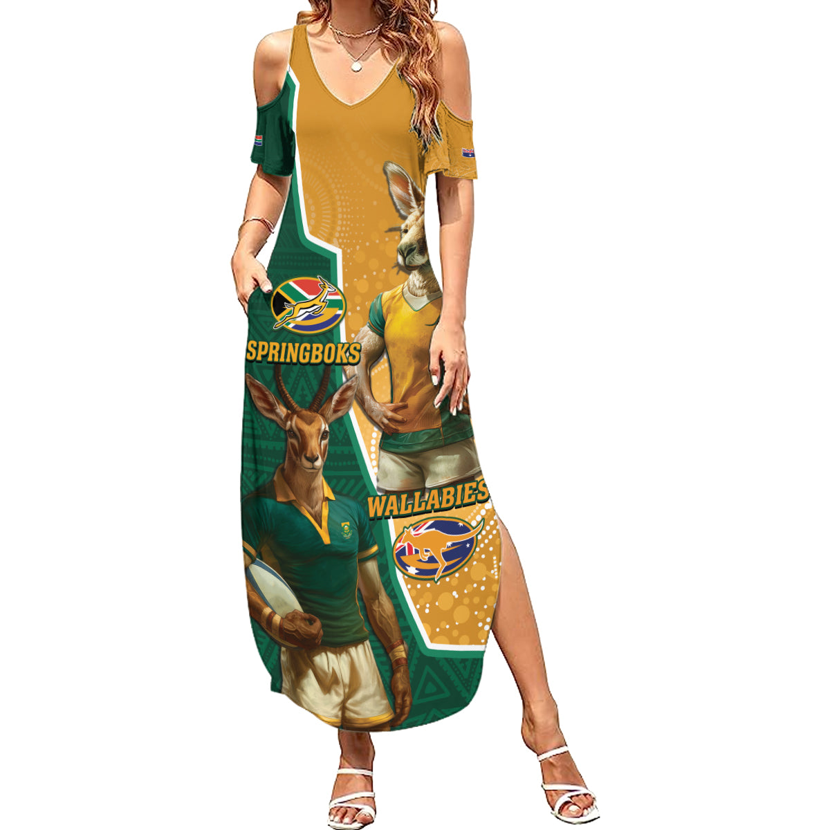 Personalised South Africa And Australia Rugby Summer Maxi Dress 2024 Springboks Wallabies Mascots Together - Wonder Print Shop