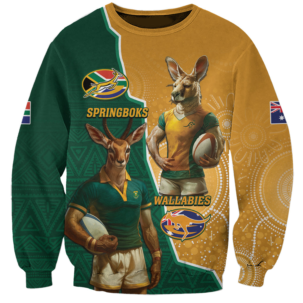 Green and gold rugby sweatshirt with kangaroo players, rugby ball graphics, team logos